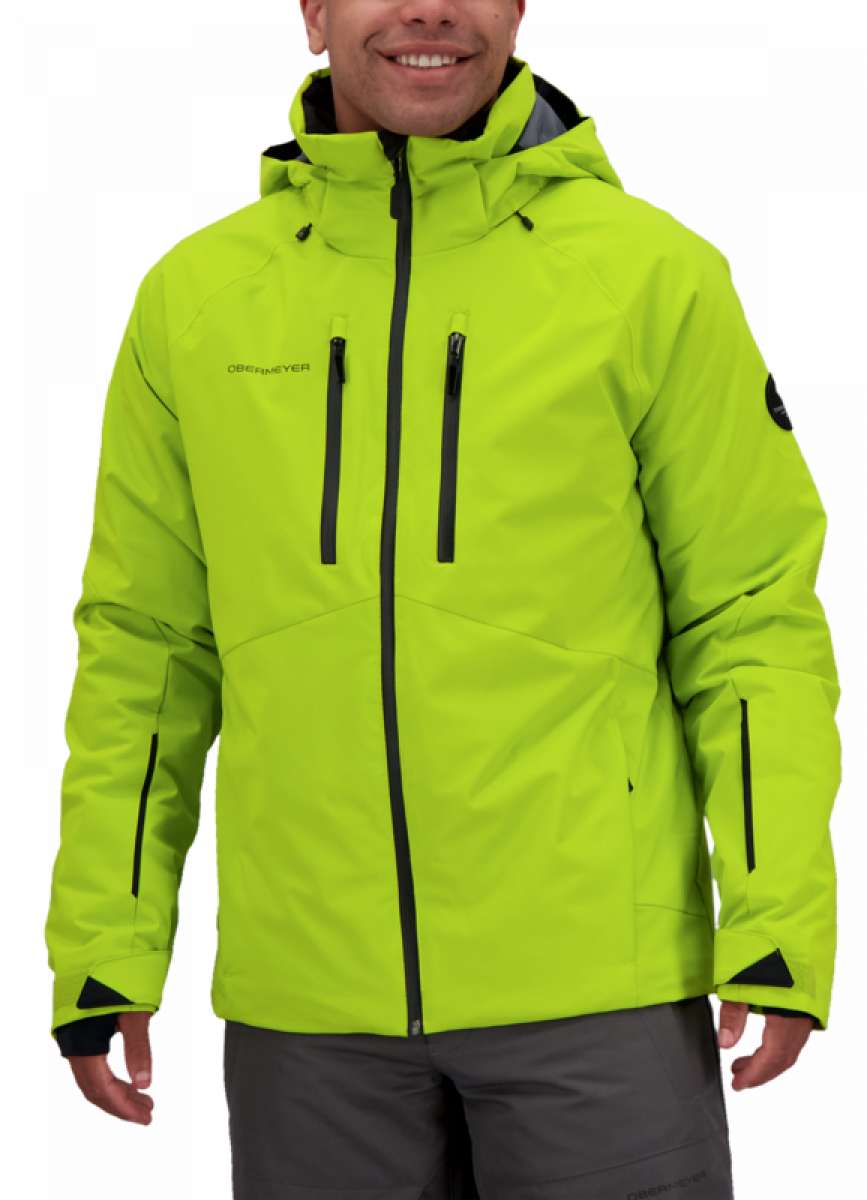 Obermeyer Raze Insulated Jacket 2022 - A bright yellow-green jacket with a black zipper and two zippered pockets on the front.