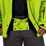 Obermeyer Raze Insulated Jacket 2022 - A bright yellow jacket with black accents and a high collar, featuring two zippered pockets on either side.