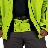 Obermeyer Raze Insulated Jacket 2022 - A bright yellow jacket with black accents and a high collar, featuring two zippered pockets on either side.