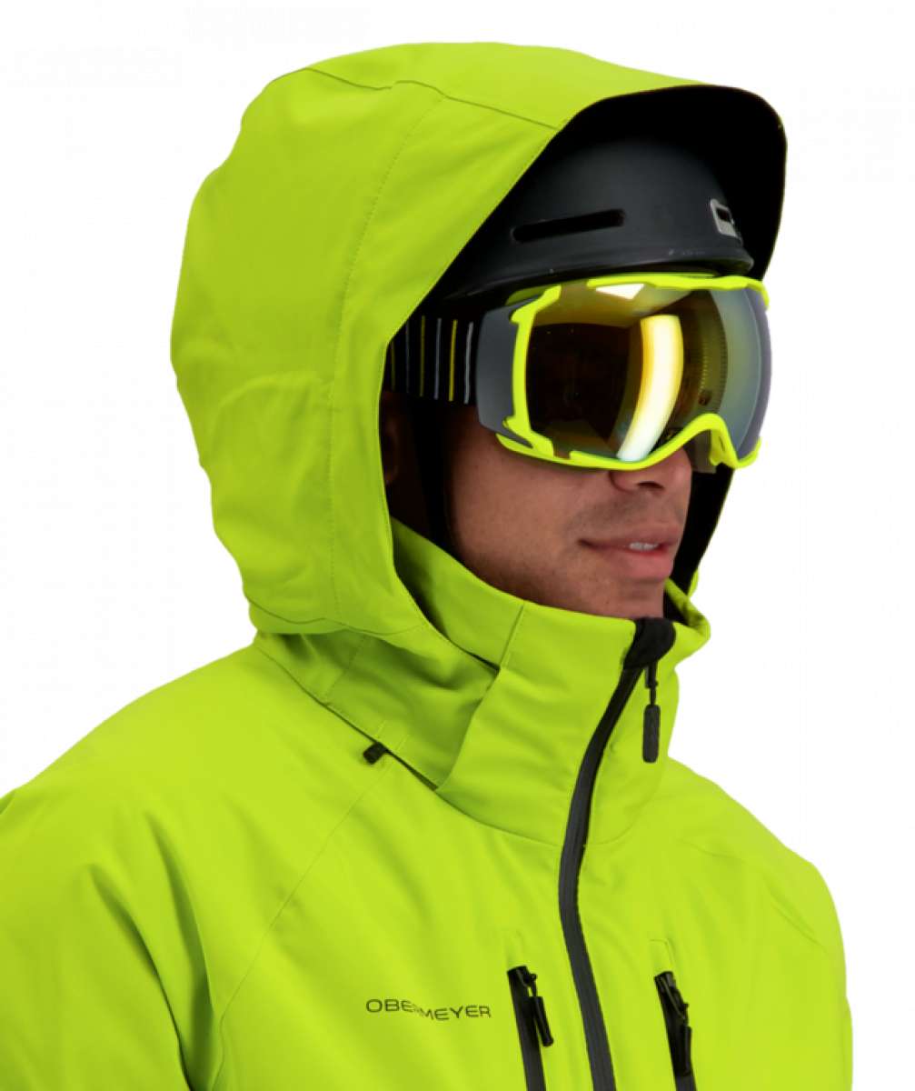 Obermeyer Raze Insulated Jacket 2022 - A bright yellow jacket with a hood, featuring black zippers and a logo on the left chest.