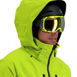 Obermeyer Raze Insulated Jacket 2022 - A bright yellow jacket with a hood, featuring black zippers and a logo on the left chest.