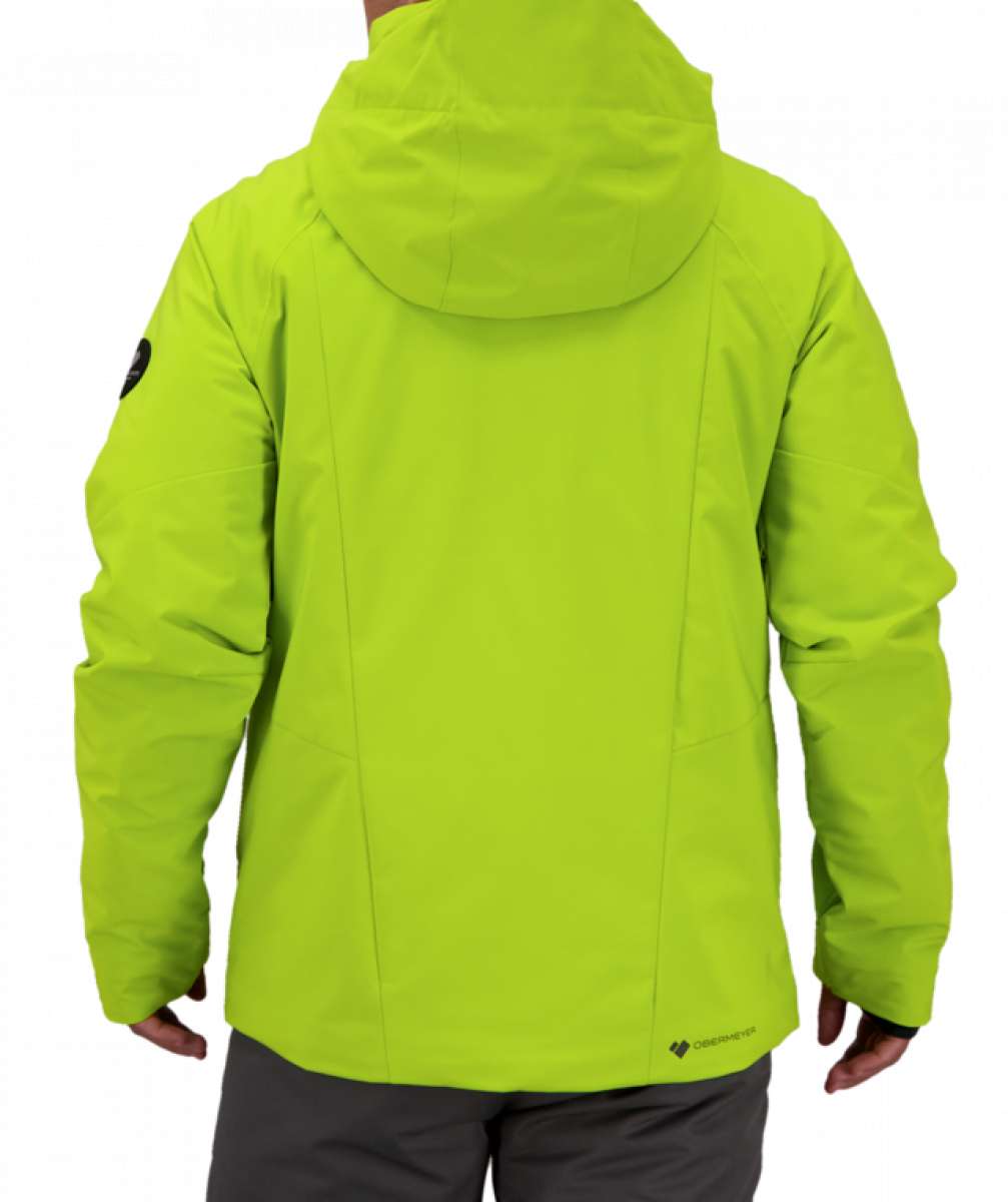Obermeyer Raze Insulated Jacket 2022 - A bright yellow-green jacket with a black logo on the left sleeve, worn by a model facing away from the camera.