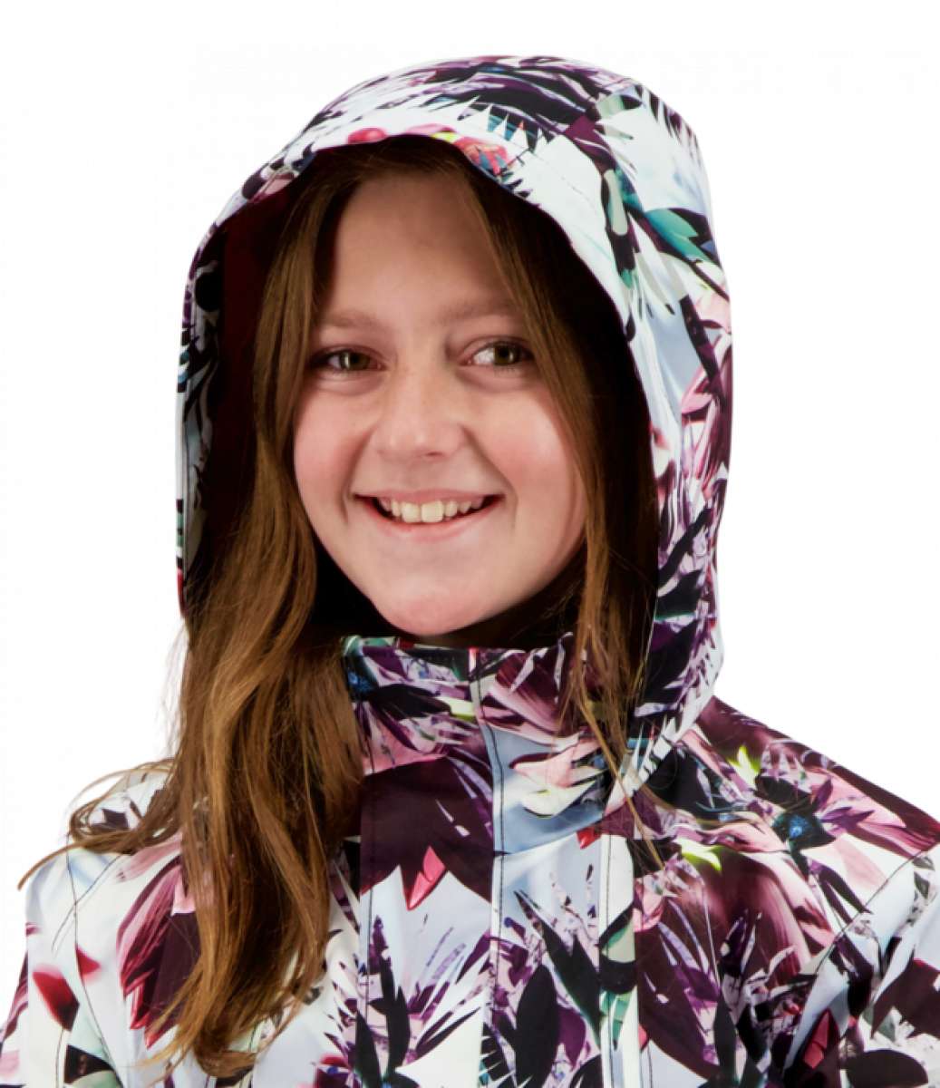 Obermeyer Girls Taja Print Insulated Jacket 2022 - A white jacket with a purple and pink floral pattern, featuring a hood and zipper closure.