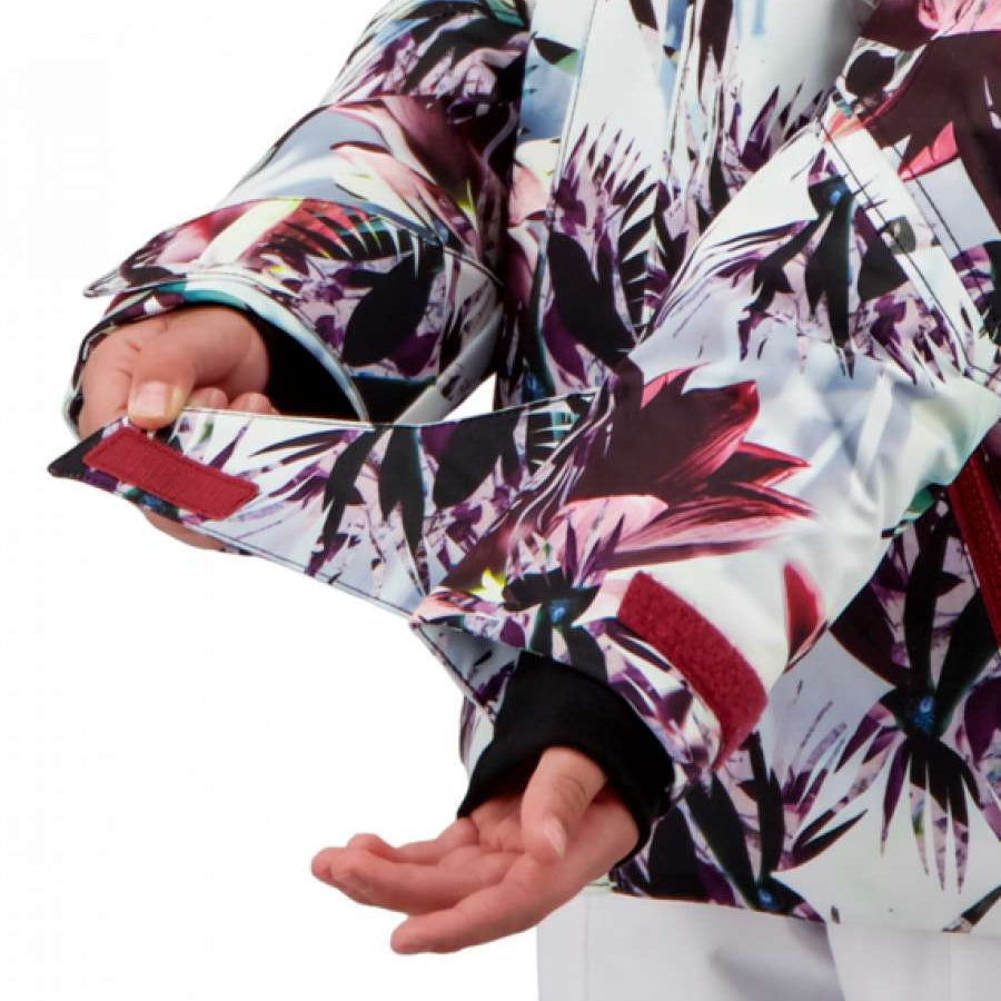 Obermeyer Girls Taja Print Insulated Jacket 2022 - A white jacket with a colorful floral pattern featuring pink, purple, and green flowers.