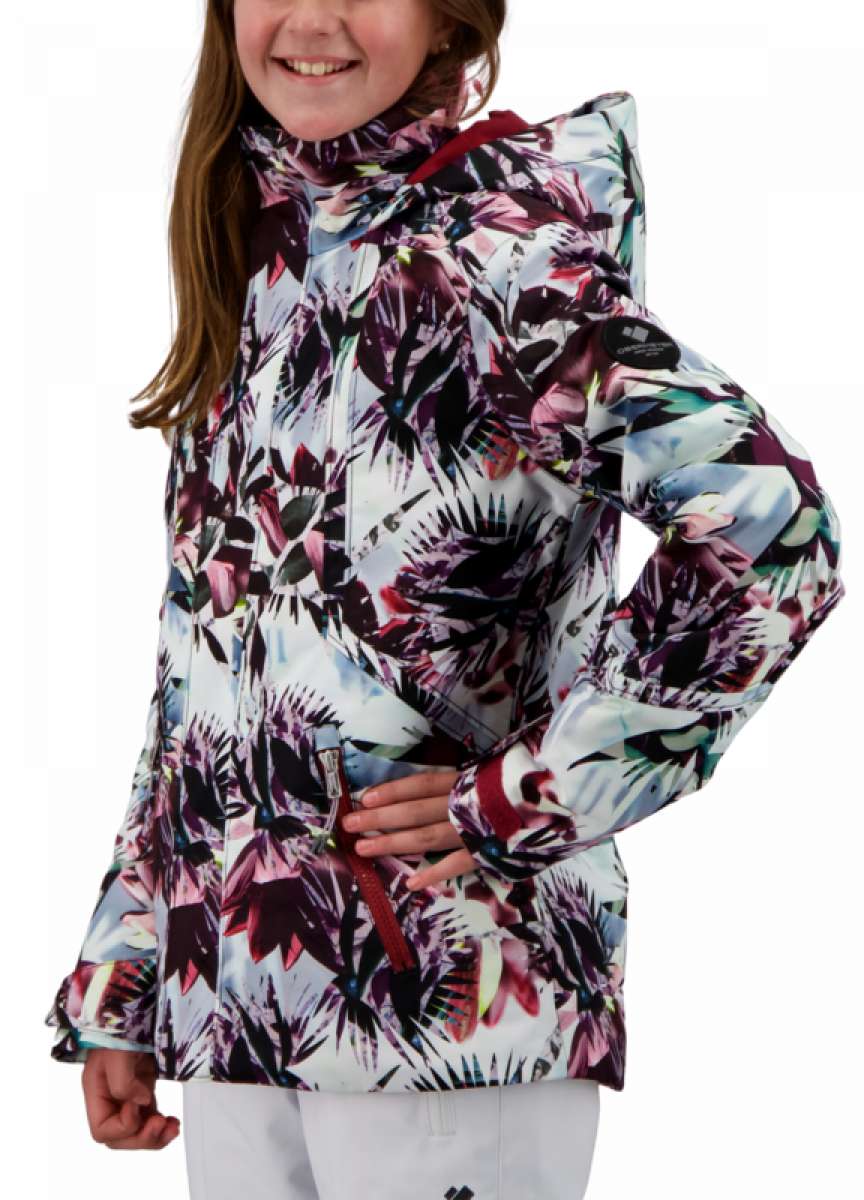 Obermeyer Girls Taja Print Insulated Jacket 2022 - A white jacket with a colorful floral pattern and pink accents on the hood, collar, and zipper.