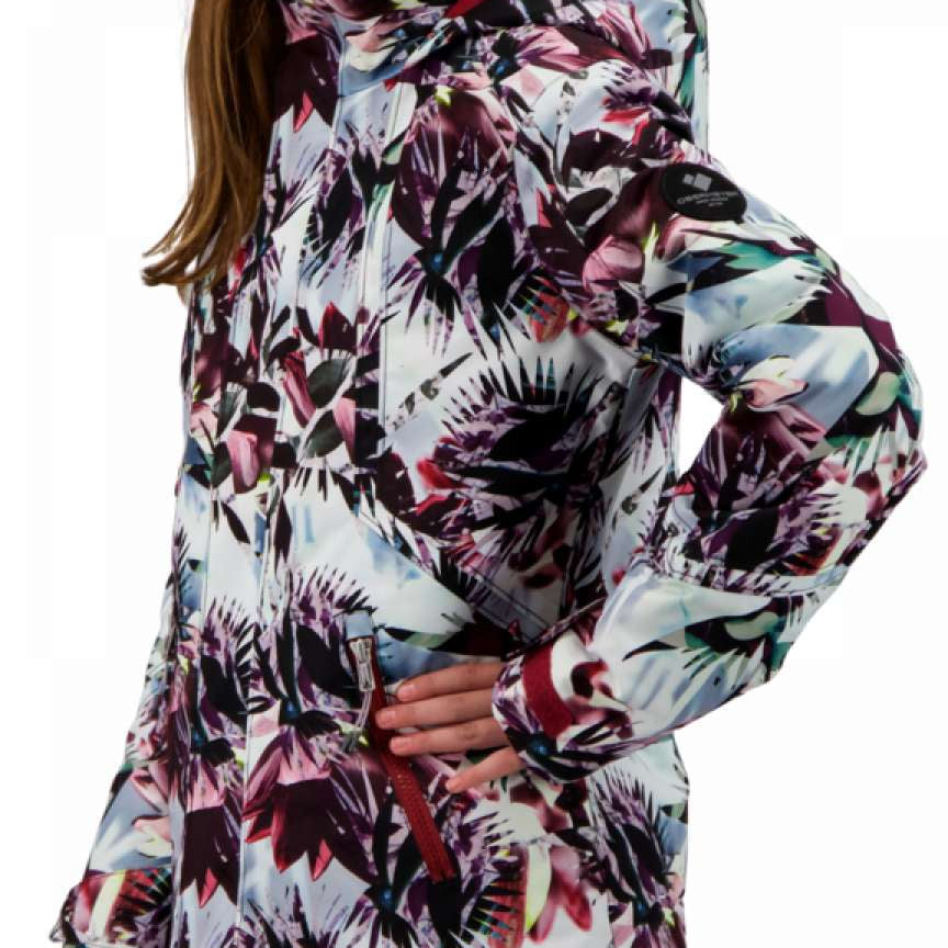 Obermeyer Girls Taja Print Insulated Jacket 2022 - A white jacket with a colorful floral pattern and pink accents on the hood, collar, and zipper.