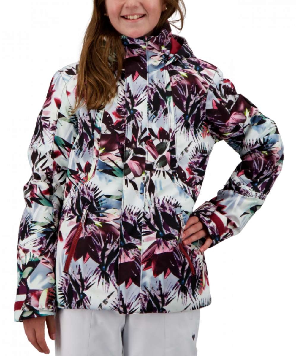 Obermeyer Girls Taja Print Insulated Jacket 2022 - A white jacket with a colorful floral pattern featuring pink, purple, and green flowers.