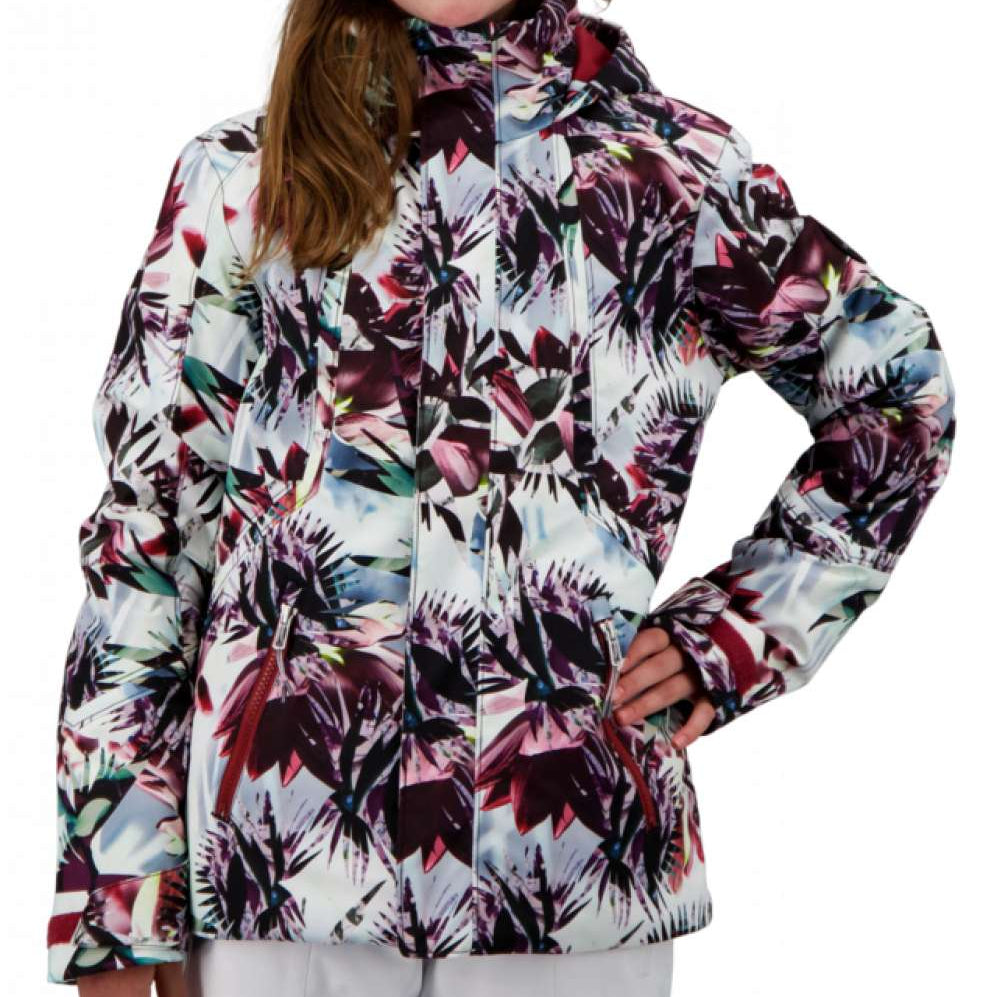 Obermeyer Girls Taja Print Insulated Jacket 2022 - A white jacket with a colorful floral pattern featuring pink, purple, and green flowers.