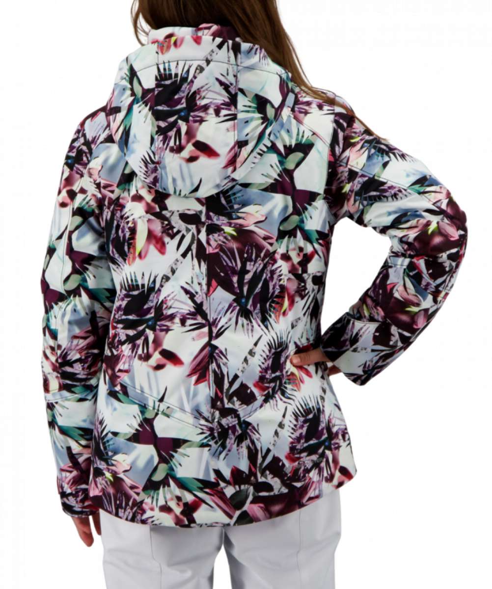 Obermeyer Girls Taja Print Insulated Jacket 2022 - A white jacket with a colorful, abstract floral pattern featuring pink, purple, and green leaves on a black background.