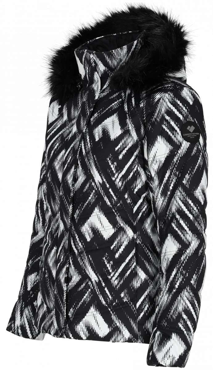 Obermeyer Women's Tuscany II Down Jacket 2024 - A black and white down jacket with a geometric pattern, featuring a fur-lined hood.