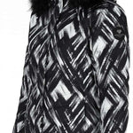 Obermeyer Women's Tuscany II Down Jacket 2024 - A black and white down jacket with a geometric pattern, featuring a fur-lined hood.