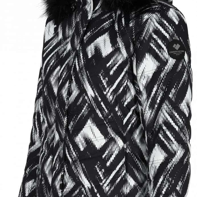 Obermeyer Women's Tuscany II Down Jacket 2024 - A black and white down jacket with a geometric pattern, featuring a fur-lined hood.