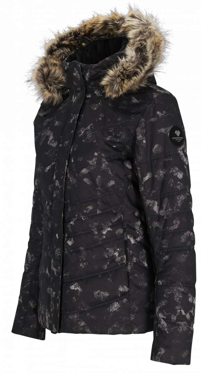 Obermeyer Women's Tuscany II Down Jacket 2024 - A black down jacket with a subtle white pattern and a brown faux fur-lined hood.