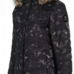 Obermeyer Women's Tuscany II Down Jacket 2024 - A black down jacket with a subtle white pattern and a brown faux fur-lined hood.