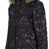 Obermeyer Women's Tuscany II Down Jacket 2024 - A black down jacket with a subtle white pattern and a brown faux fur-lined hood.