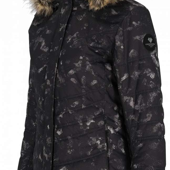 Obermeyer Women's Tuscany II Down Jacket 2024 - A black down jacket with a subtle white pattern and a brown faux fur-lined hood.