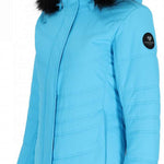 Obermeyer Women's Tuscany II Down Jacket - A light blue down jacket with a fur-lined hood and a black logo on the left sleeve.