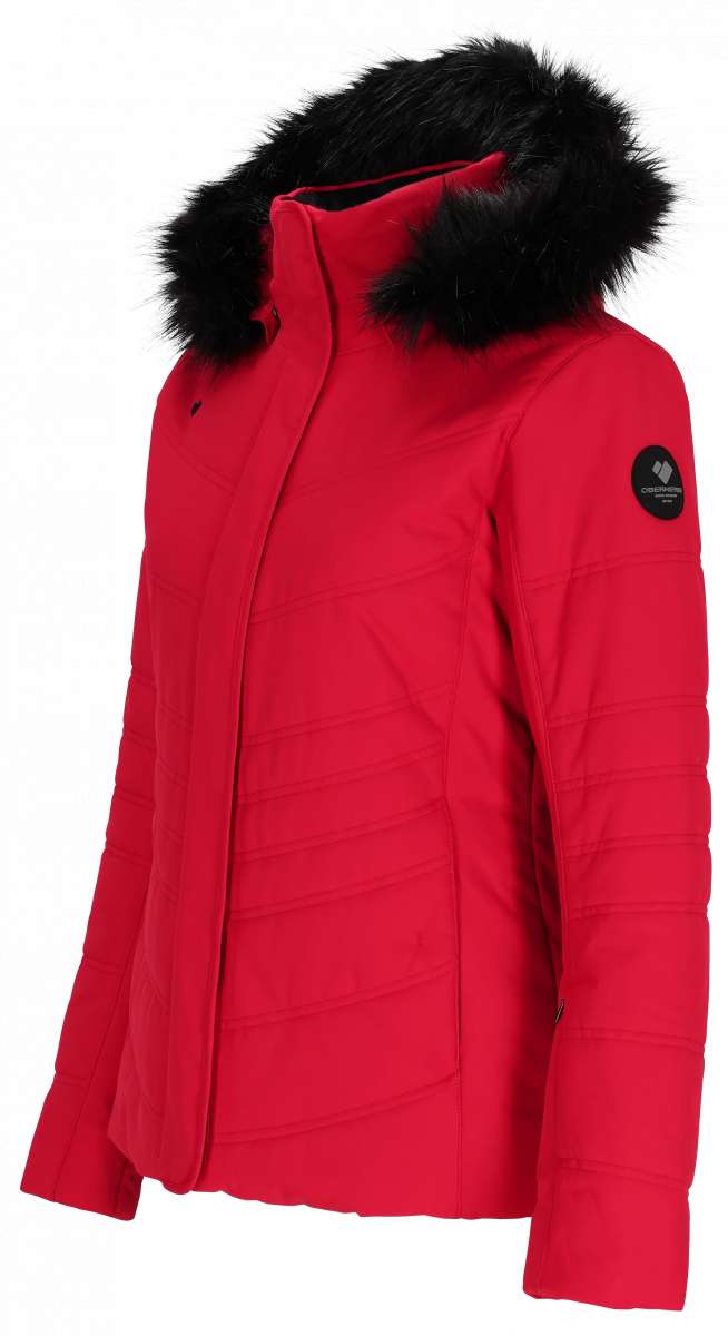 Obermeyer Women's Tuscany II Down Jacket 2024 - A red down jacket with a black fur-lined hood and two zippered pockets on either side.