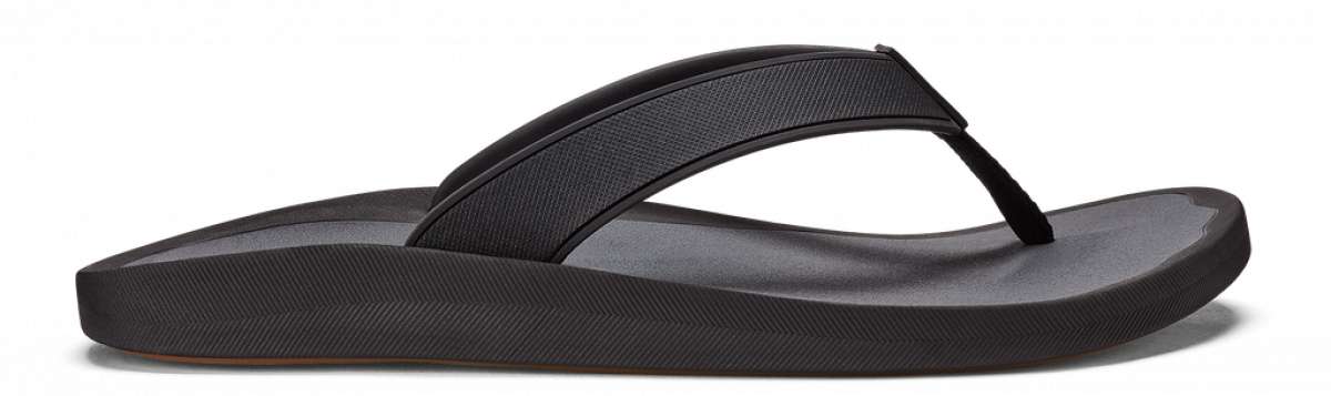 Olukai Koko'o Sandals 2022 - A pair of black sandals with a woven strap design and a small logo on the side.
