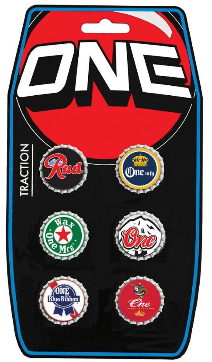 Oneball Bottle Caps Stomp Pad 2023-2024 - Six silver bottle caps with red, blue, and white lettering arranged in a circular pattern on a black background.