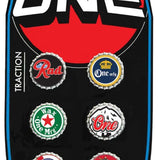 Oneball Bottle Caps Stomp Pad 2023-2024 - Six silver bottle caps with red, blue, and white lettering arranged in a circular pattern on a black background.