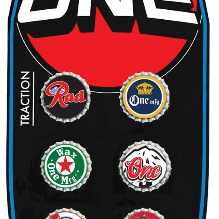 Oneball Bottle Caps Stomp Pad 2023-2024 - Six silver bottle caps with red, blue, and white lettering arranged in a circular pattern on a black background.