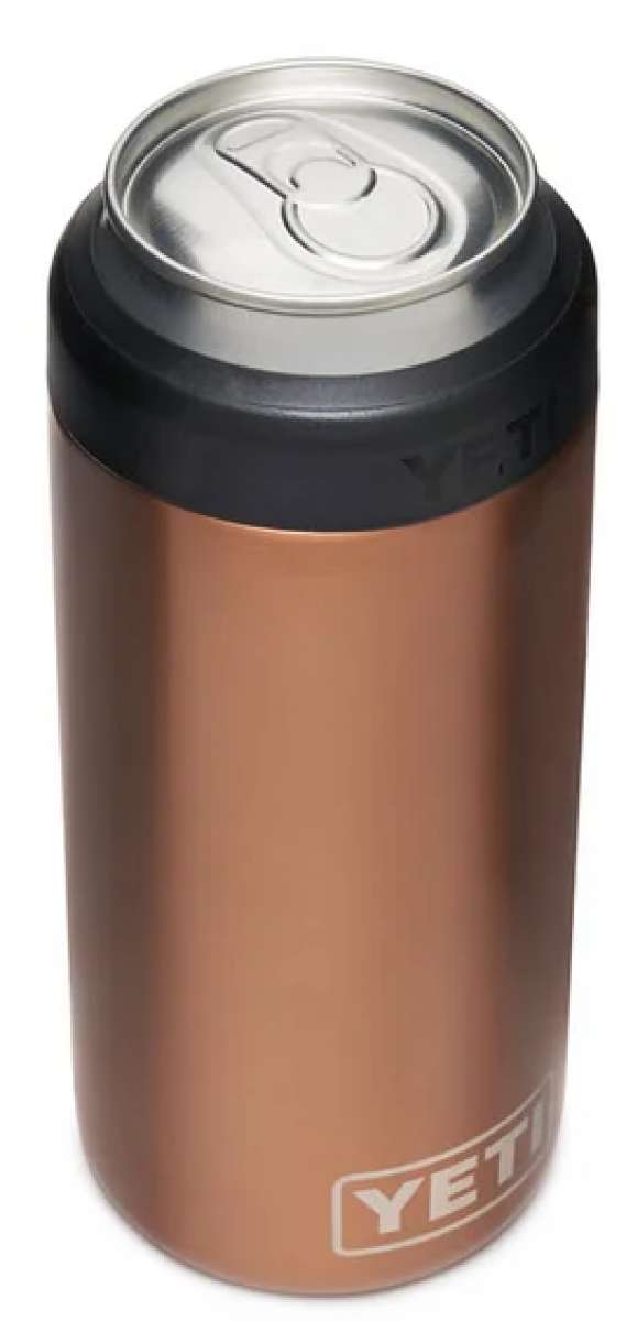 Yeti Rambler 12 oz. Colster Slim Can Insulator - A slim can insulator with a silver lid and a brown body.