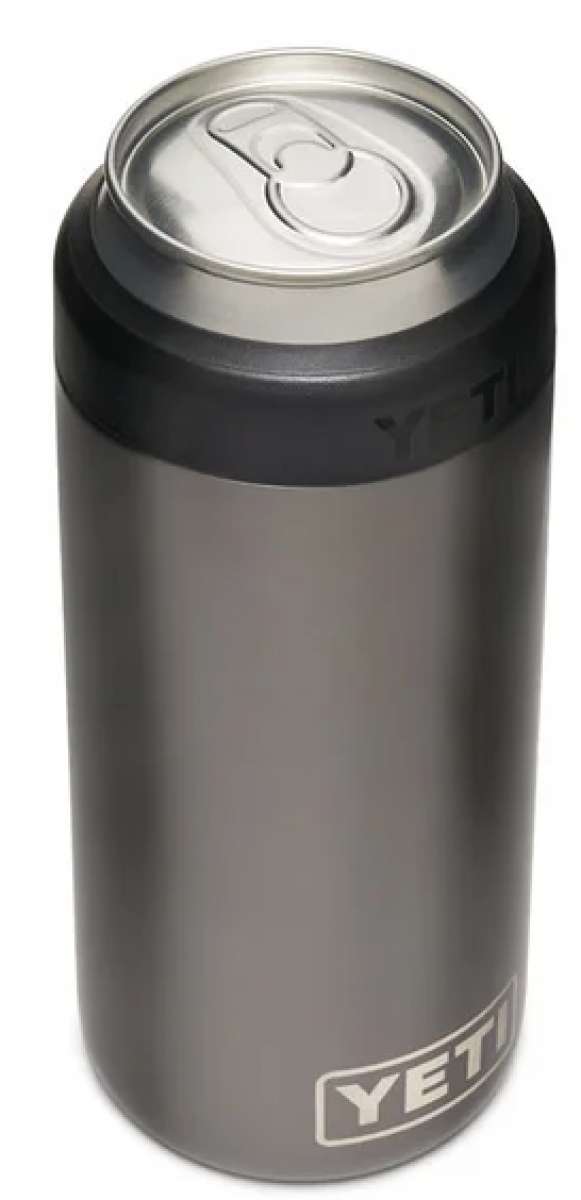 Yeti Rambler 12 oz. Colster Slim Can Insulator - A gray insulated can holder with a black lid, featuring the embossed "YETI" logo on top.