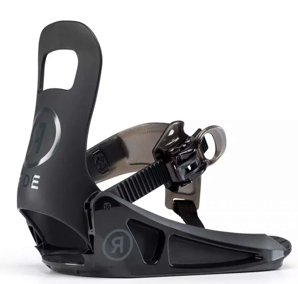 Ride Junior's Micro Snowboard Bindings 2023 - Black bindings with white lettering on top strap and logo on bottom strap.
