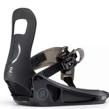 Ride Junior's Micro Snowboard Bindings 2023 - Black bindings with white lettering on top strap and logo on bottom strap.