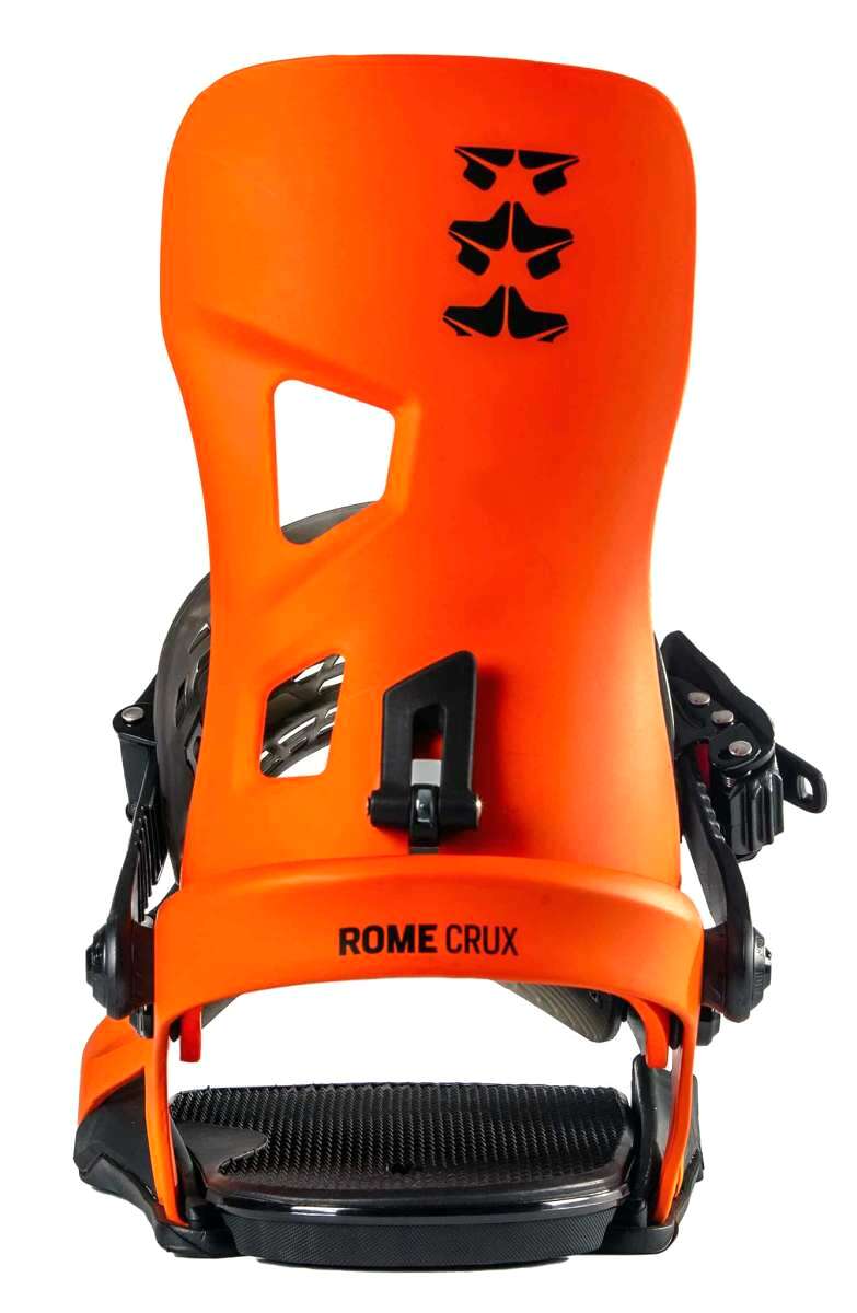 Rome Crux Snowboard Bindings 2022 - A pair of snowboard bindings with a sleek, modern design and silver buckles.