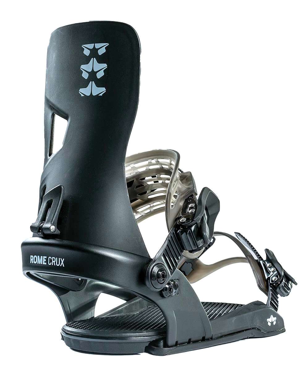 Rome Crux - Black snowboard bindings with white logo on top of left binding.
