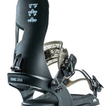 Rome Crux - Black snowboard bindings with white logo on top of left binding.