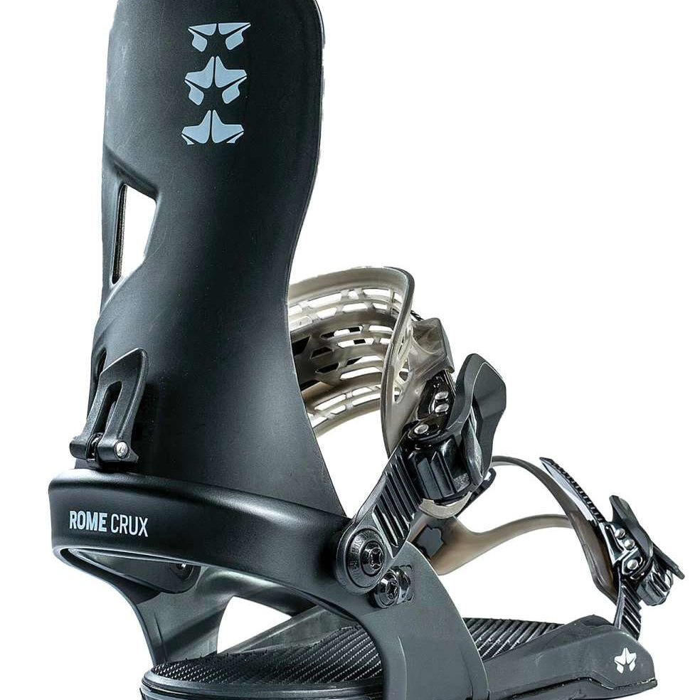 Rome Crux - Black snowboard bindings with white logo on top of left binding.