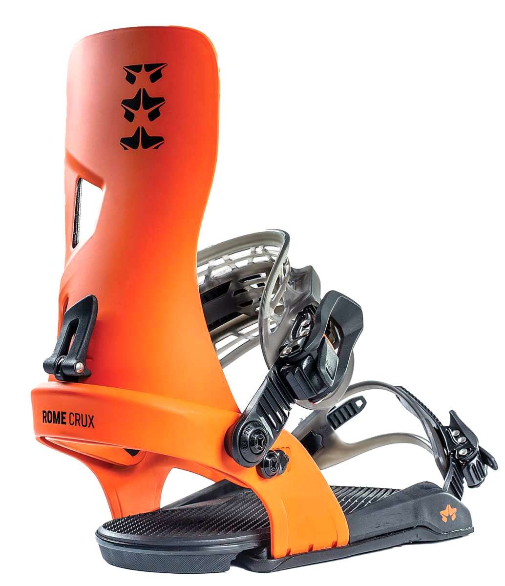 Rome Crux - Bright orange snowboard bindings with black buckles and straps, featuring a distinctive logo on top of the binding.