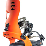 Rome Crux - Bright orange snowboard bindings with black buckles and straps, featuring a distinctive logo on top of the binding.