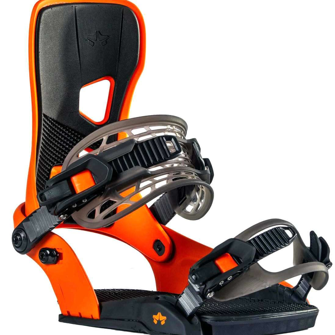 Rome Crux Snowboard Bindings 2022 - A pair of black bindings with silver buckles and straps, featuring a sleek design on a white background.