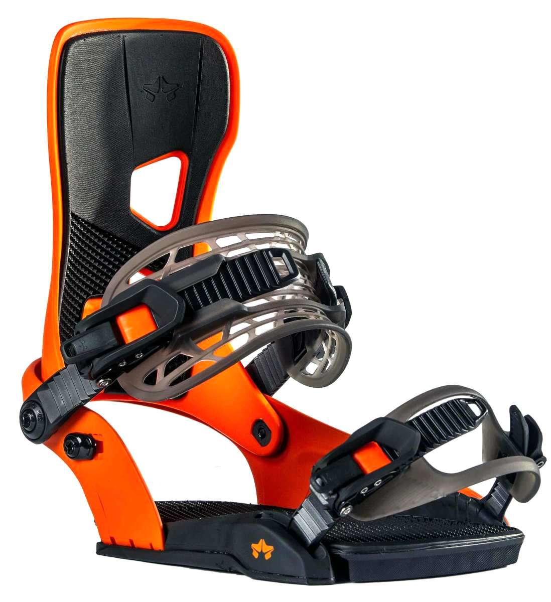 Rome Crux Snowboard Bindings 2022 - A pair of black bindings with silver buckles and straps, featuring a sleek design on a white background.
