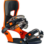 Rome Crux Snowboard Bindings 2022 - A pair of black bindings with silver buckles and straps, featuring a sleek design on a white background.