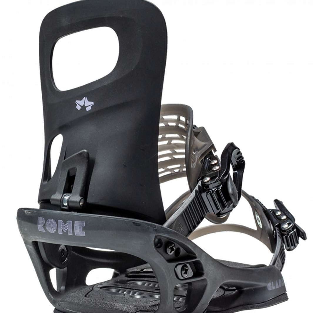 Rome Women's Glade Snowboard Bindings 2022 - A pair of black snowboard bindings with a distinctive white logo on top.