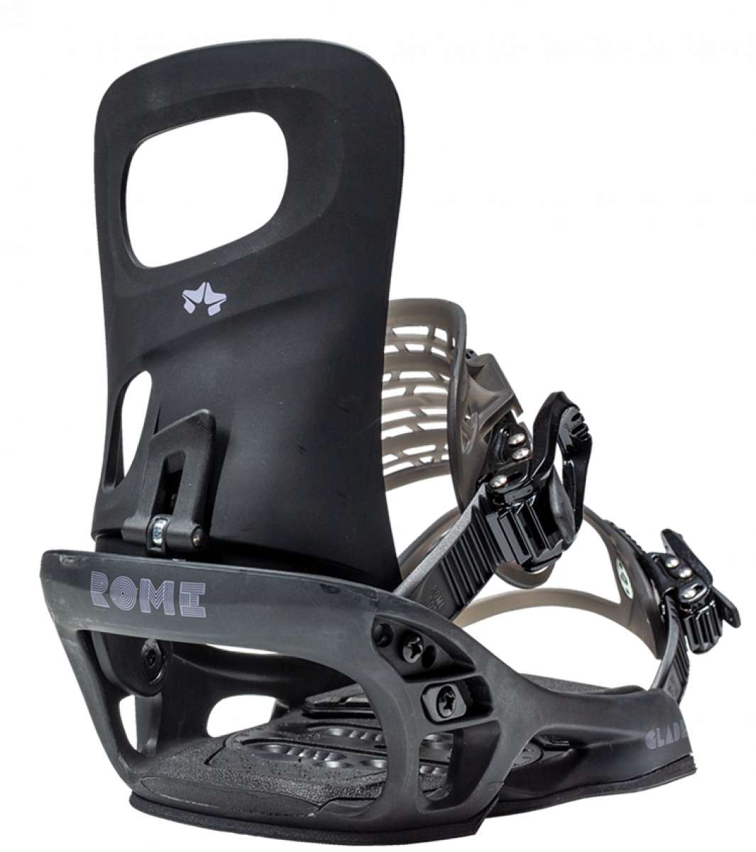 Rome Women's Glade Snowboard Bindings 2022 - A pair of black snowboard bindings with a distinctive white logo on top.