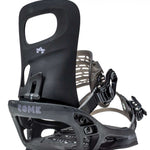 Rome Women's Glade Snowboard Bindings 2022 - A pair of black snowboard bindings with a distinctive white logo on top.