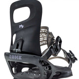 Rome Women's Glade Snowboard Bindings 2022 - A pair of black snowboard bindings with a distinctive white logo on top.