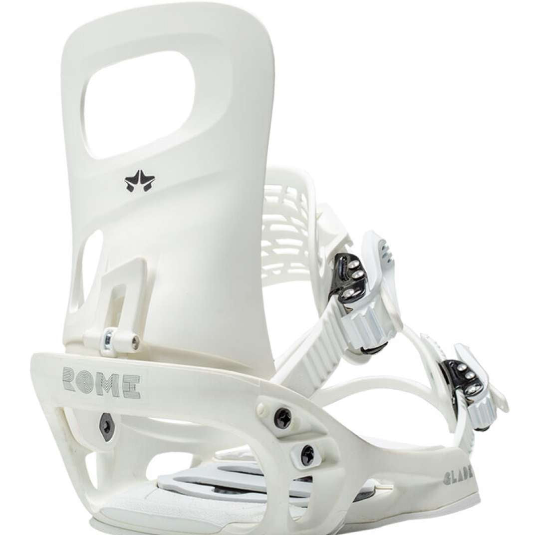 Rome Women's Glade Snowboard Bindings 2022 - White bindings with black buckles and straps.