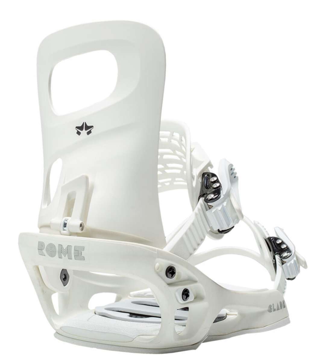 Rome Women's Glade Snowboard Bindings 2022 - White bindings with black buckles and straps.
