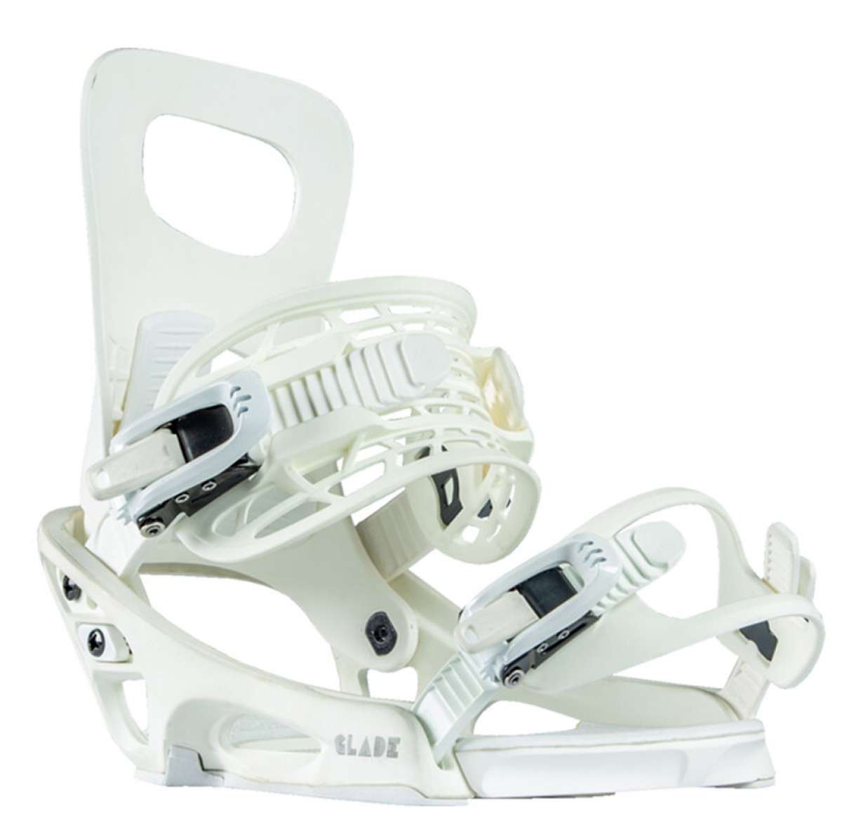Rome Women's Glade Snowboard Bindings 2022 - A pair of white snowboard bindings with black buckles and straps.