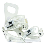 Rome Women's Glade Snowboard Bindings 2022 - A pair of white snowboard bindings with black buckles and straps.