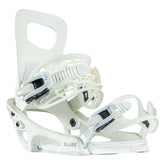 Rome Women's Glade Snowboard Bindings 2022 - A pair of white snowboard bindings with black buckles and straps.