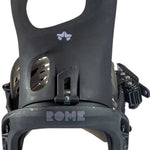 Rome Women's Glade Snowboard Bindings 2022 - A pair of black snowboard bindings with a distinctive white logo on top, featuring two overlapping shapes resembling a mountain peak.