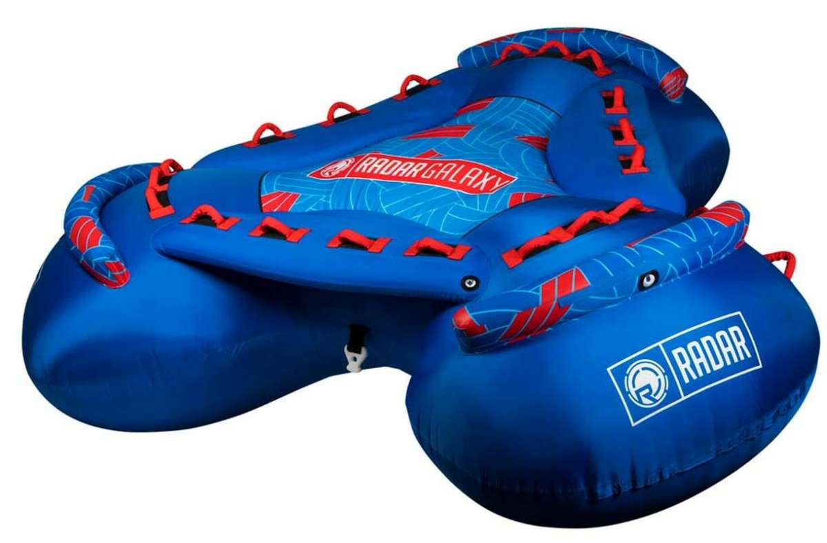 Radar Galaxy 4-Person Inflatable Tube 2022 - Blue tube with red accents and a white logo on top.